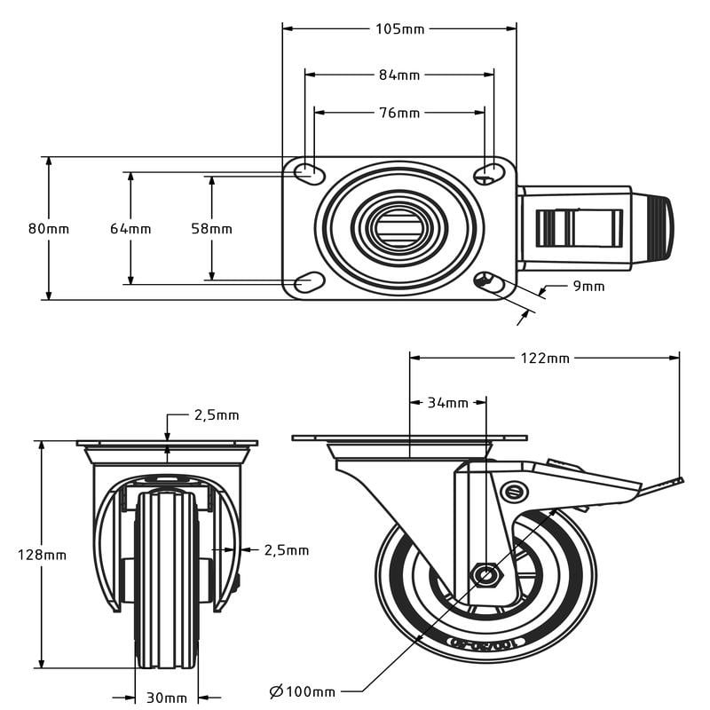Rubber zwenkwiel met rem 100 mm - rollager - 70 kg