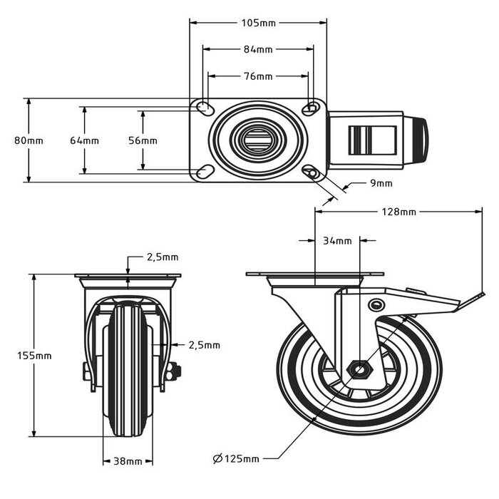 Rubber zwenkwiel met rem 125 mm - rollager - 100 kg