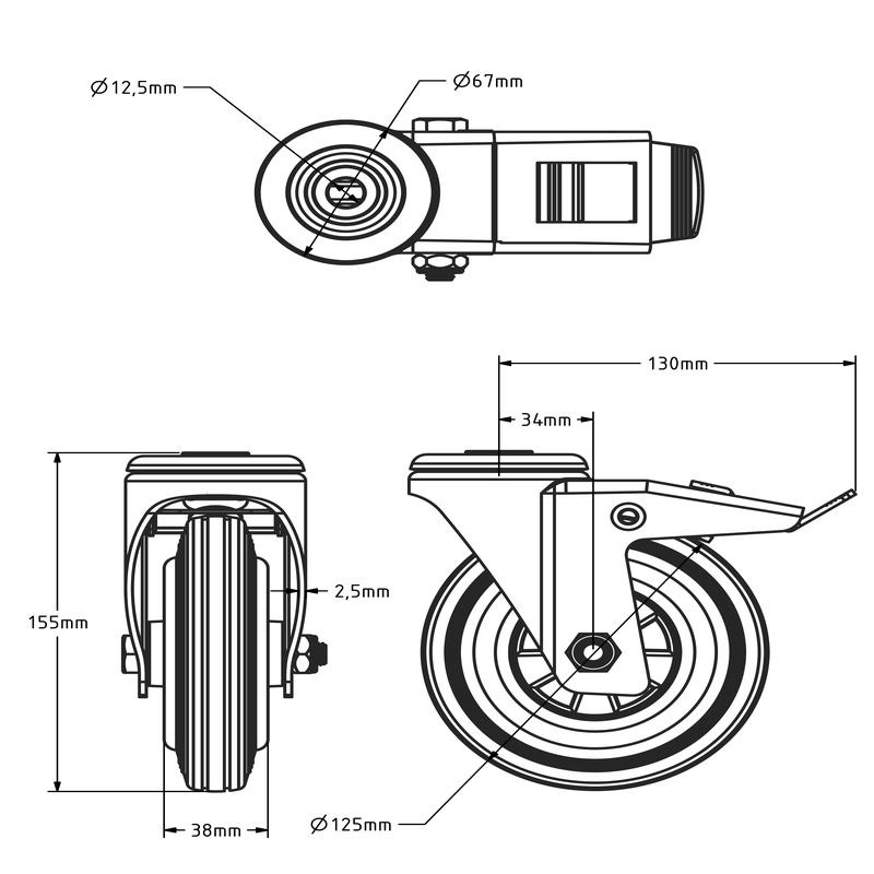 Rubber zwenkwiel met rem 125 mm - rollager - 100 kg