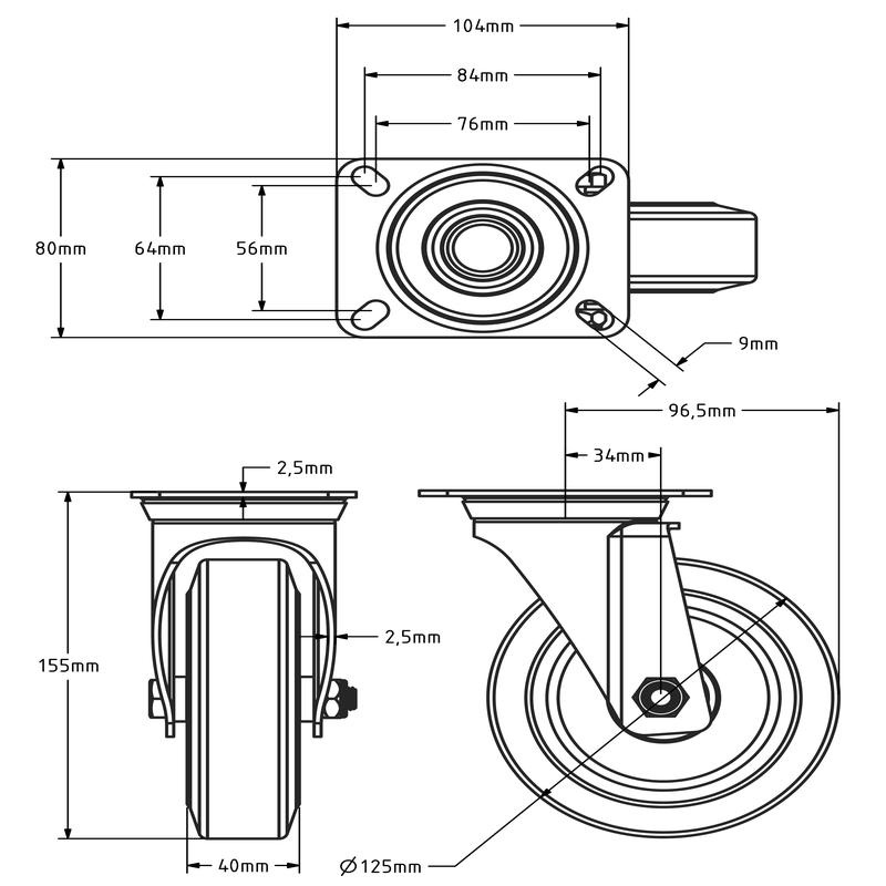 Rubber zwenkwiel 125 mm - kogellager - 200 kg