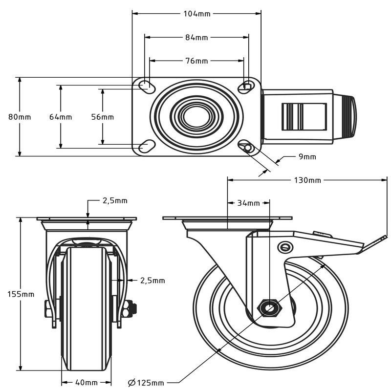 Rubber zwenkwiel met rem 125 mm kogellager - 200 kg
