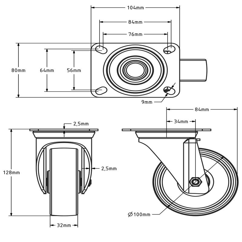Nylon zwenkwiel 100 mm - rollager - 200 kg