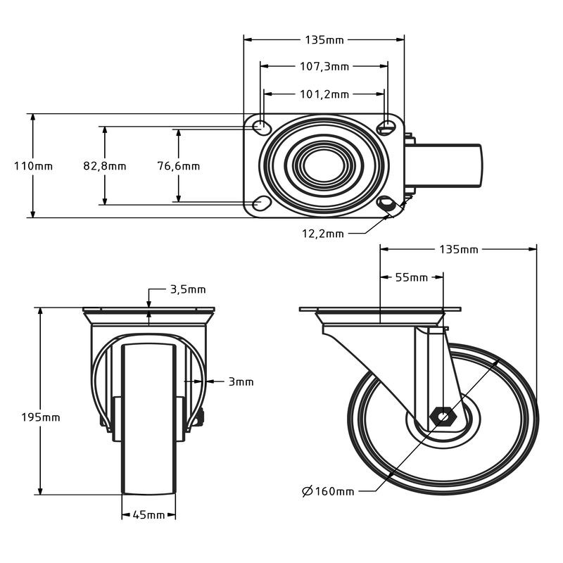 Nylon zwenkwiel 160 mm - rollager - 300 kg