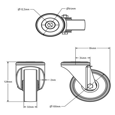 Nylon zwenkwiel 100 mm - rollager - 200 kg