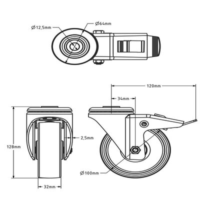 Nylon zwenkwiel met rem 100 mm - rollager - 200 kg