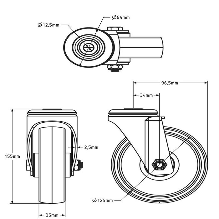 Nylon zwenkwiel 125 mm - rollager - 200 kg