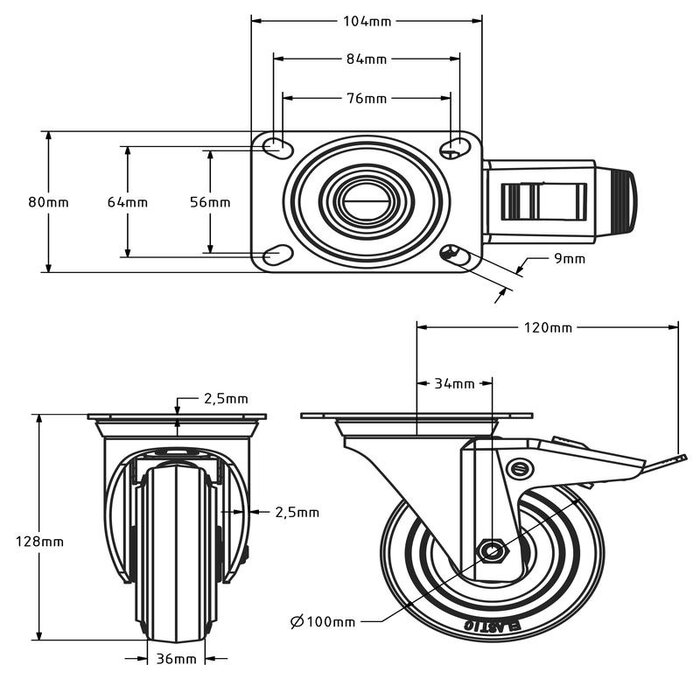 Rubber zwenkwiel met rem 100 mm - rollager - 160 kg