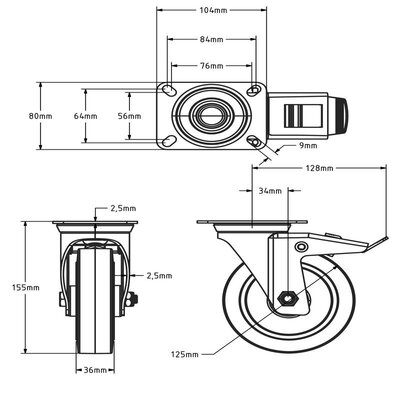 Rubber zwenkwiel met rem 125 mm - rollager - 220 kg