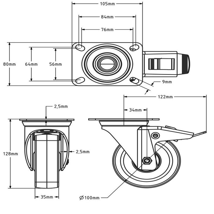 PU zwenkwiel met rem 100 mm - kogellager - 150 kg