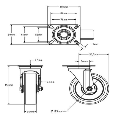 PU zwenkwiel 125 mm - kogellager - 200 kg