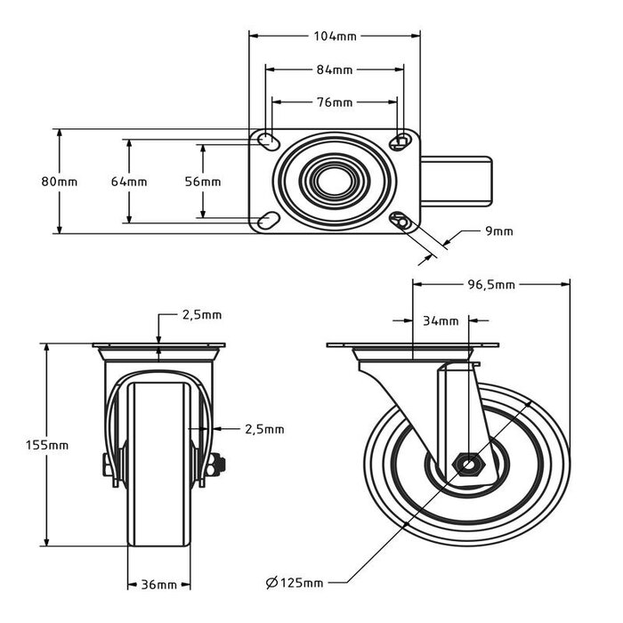 PU zwenkwiel 125 mm - kogellager - 200 kg