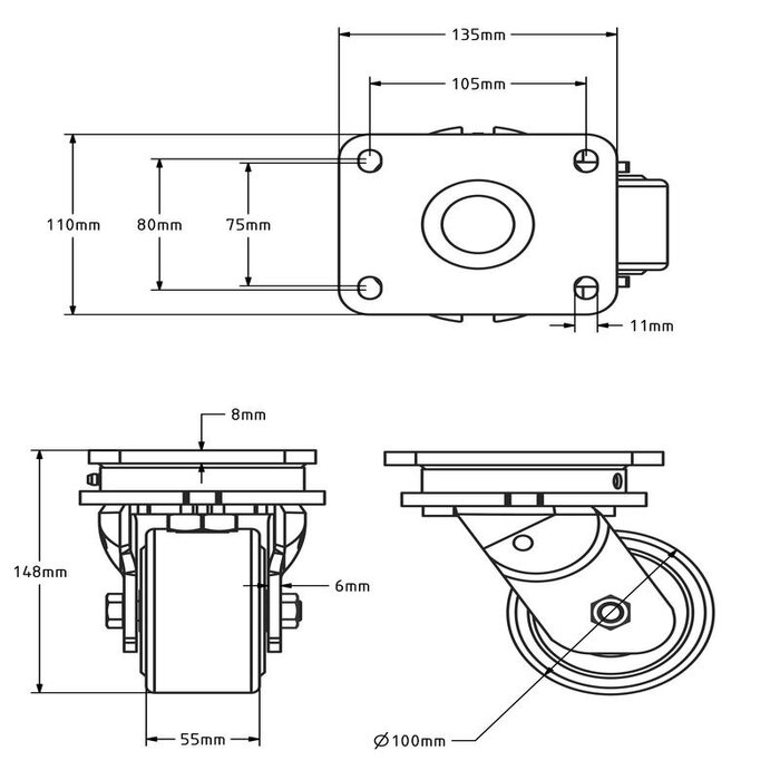 Gietnylon zwenkwiel 100 mm - 1500 kg