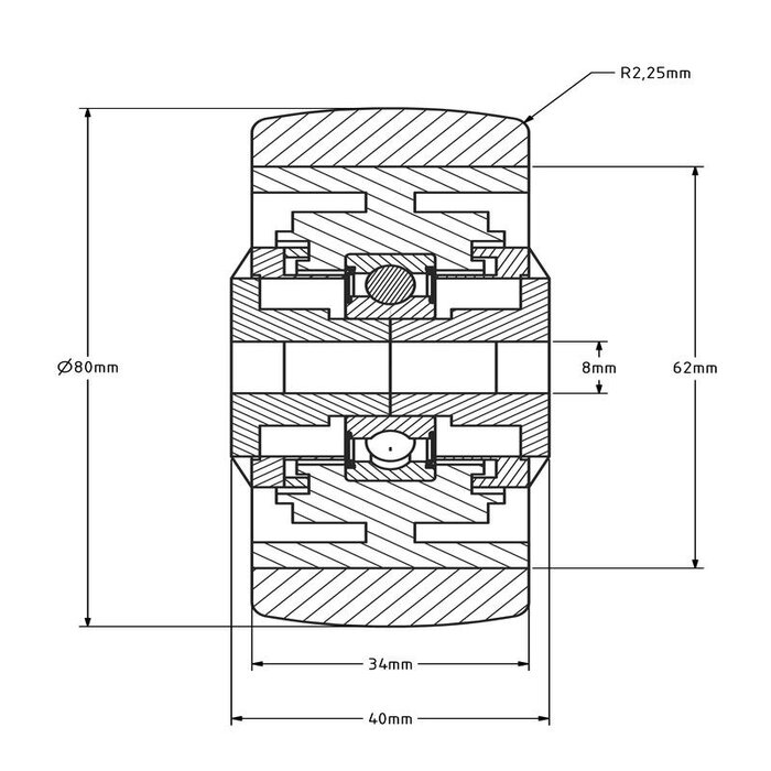 PU wiel 80 mm - kogellager 8 mm - 120 kg