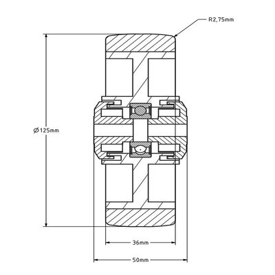 Rvs PU wiel 125 mm - kogellager asgat 10 mm - 200 kg