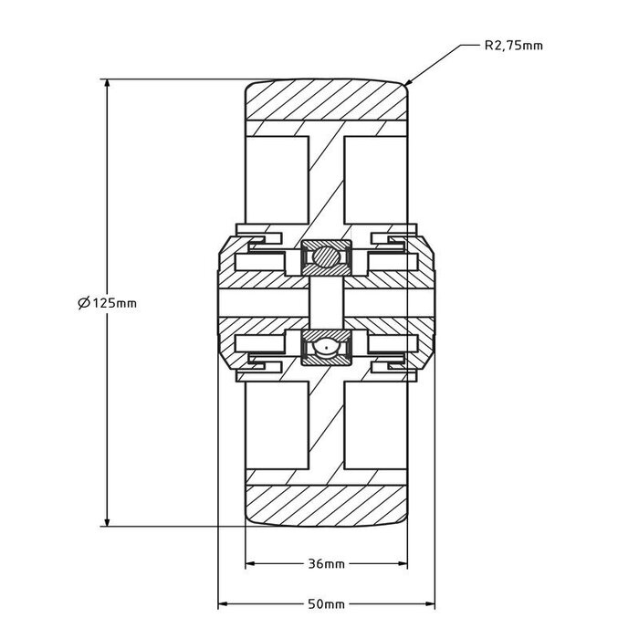 Rvs PU wiel 125 mm - kogellager asgat 10 mm - 200 kg