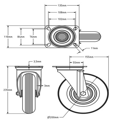Zwenkwiel 200 mm - luchtband - 75 kg
