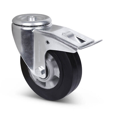 Elastisch rubber zwenkwiel met rem 160 mm - boutgat - kogellager - 300 kg