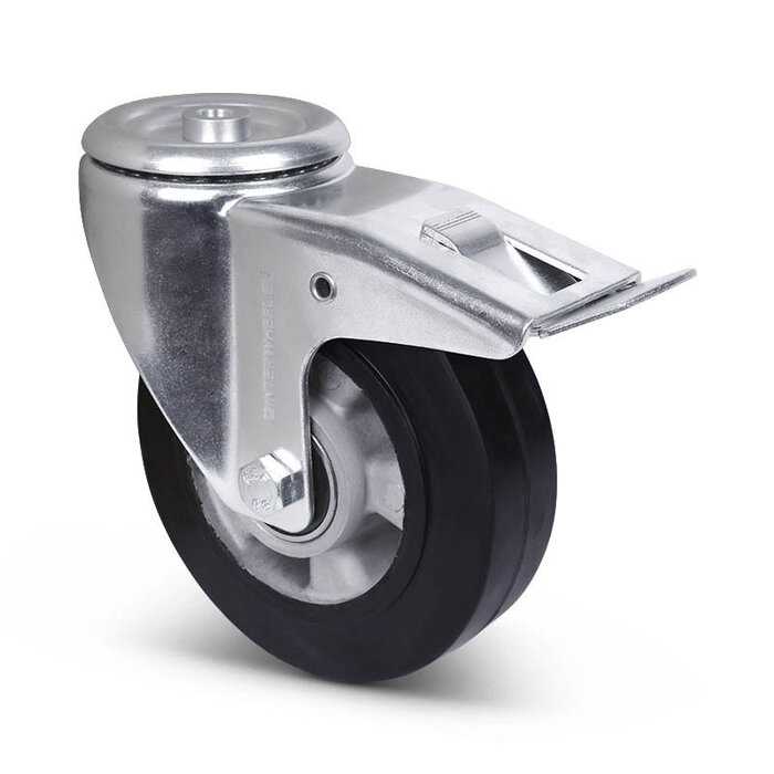 Elastisch rubber zwenkwiel met rem 160 mm - boutgat - kogellager - 300 kg