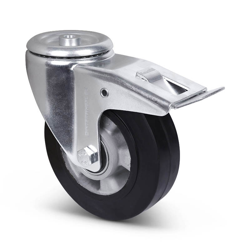 Elastisch rubber zwenkwiel met rem 160 mm - boutgat - kogellager - 300 kg