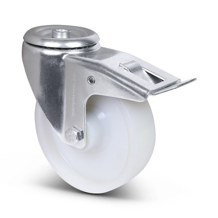Nylon zwenkwiel met rem 160 mm - boutgat - rollager- 300 kg
