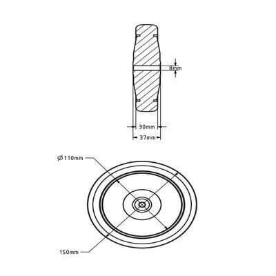 Zwart Rubber wiel 150x30 mm - kogellager asgat 8 mm - 100 kg