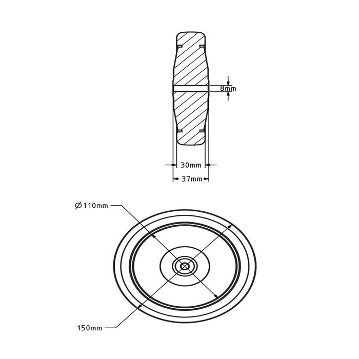 Zwart Rubber wiel 150x30 mm - kogellager asgat 8 mm - 100 kg