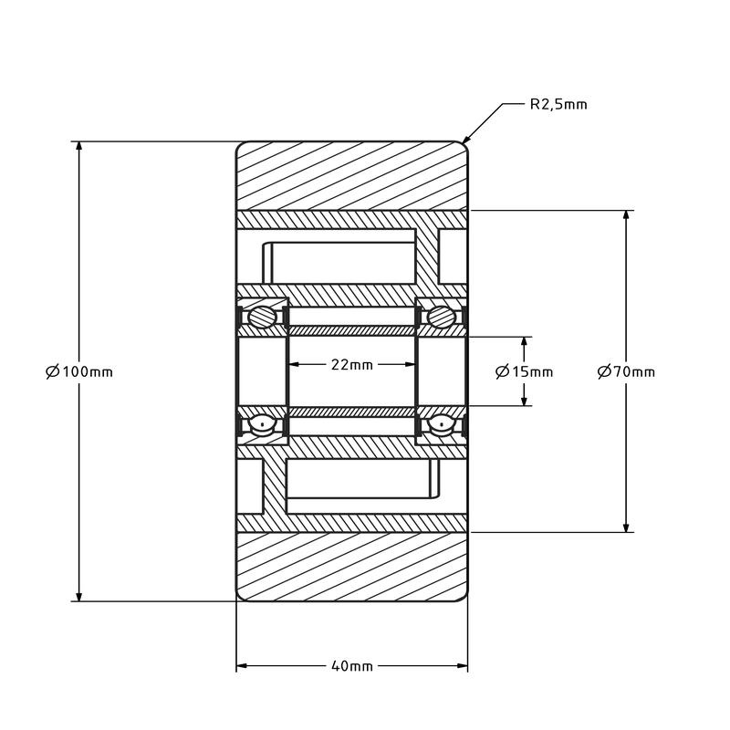 PU wiel 100 mm - kogellager asgat 15 mm - 300 kg