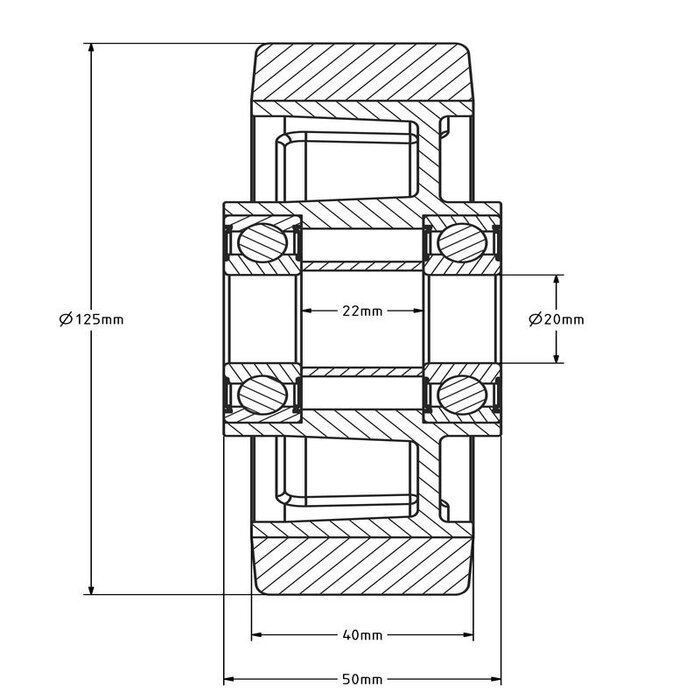 PU wiel 125 mm - kogellager asgat 20 mm - 350 kg