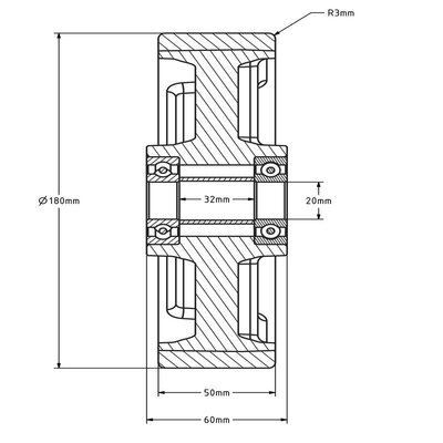 PU wiel 180 mm - kogellager asgat 20 mm - 700 kg