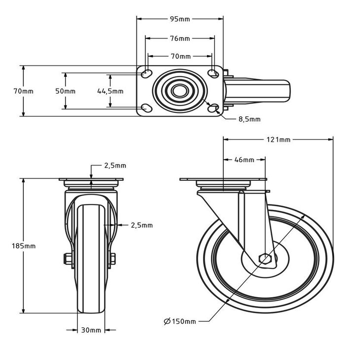 Apparaten zwenkwiel zwart 150 mm - kogellager - 100 kg