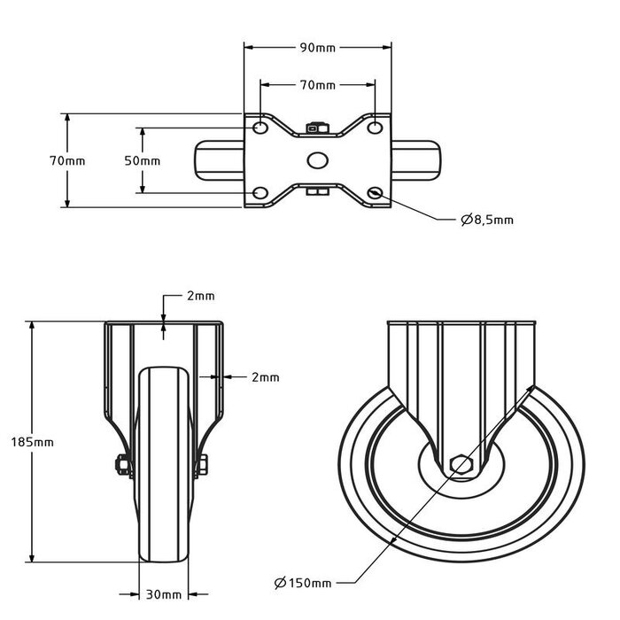 Apparaten bokwiel zwart 150 mm - kogellager - 100 kg
