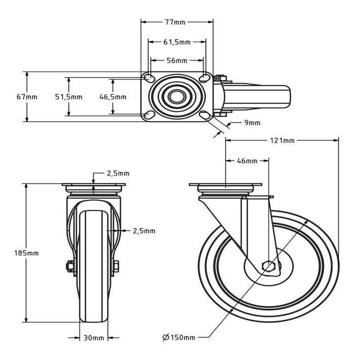 Apparaten zwenkwiel zwart 150 mm - kogellager - 100 kg
