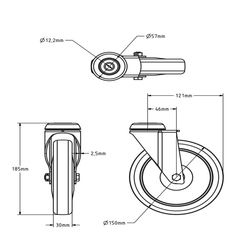Apparaten zwenkwiel zwart 150 mm - kogellager - 100 kg