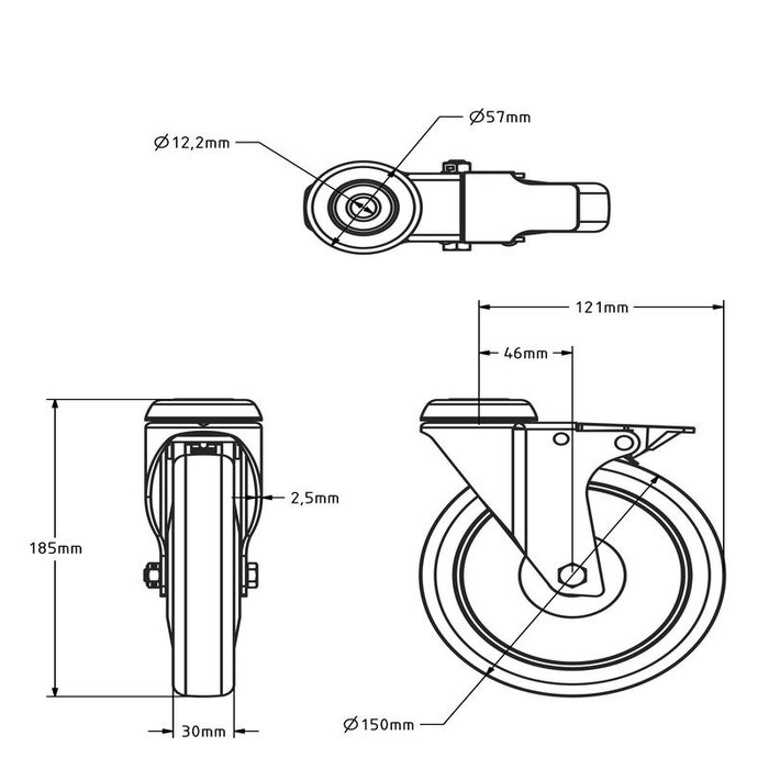 Apparaten zwenkwiel met rem zwart 150 mm - kogellager - 100 kg