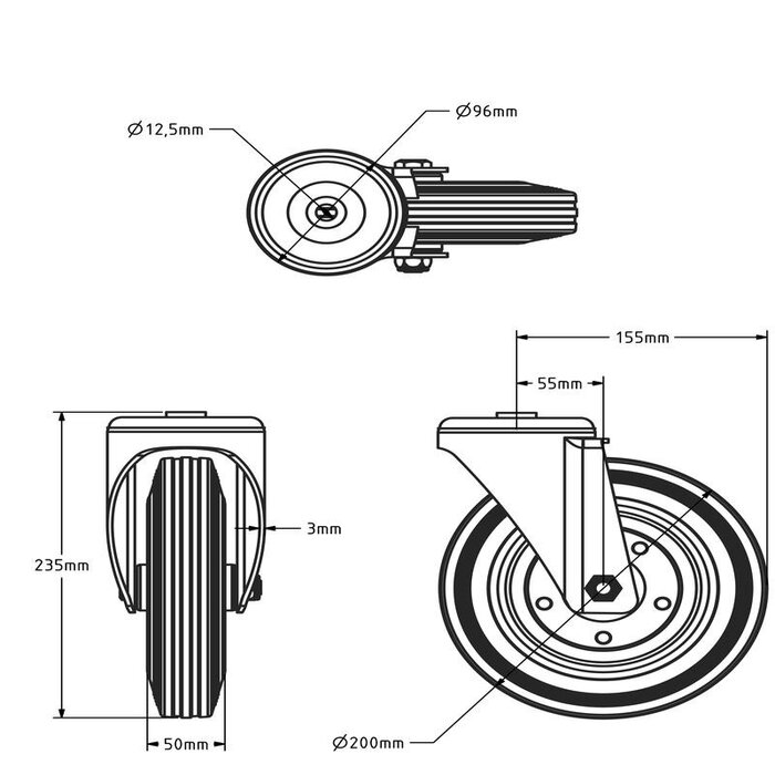 ESD Volrubber zwenkwiel 200 mm - stalen velg en boutgat - 205 kg