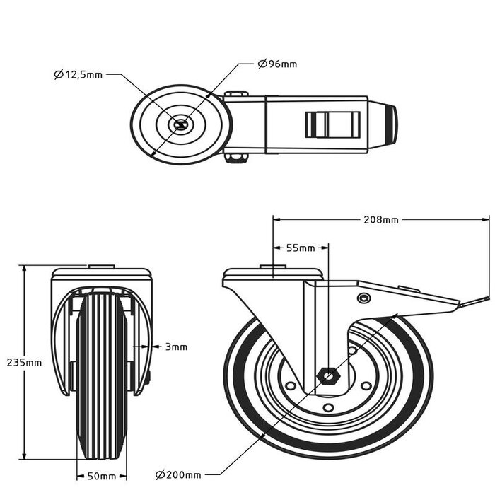 ESD Volrubber zwenkwiel met rem 200 mm - stalen velg en boutgat - 205 kg