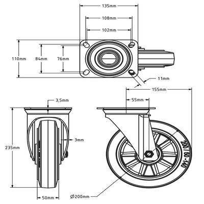 ESD Rubber zwenkwiel 200 mm - kogellager - 400 kg