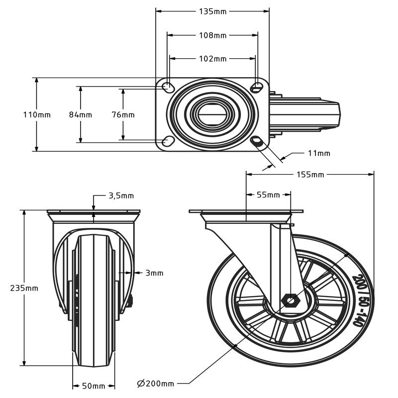ESD Rubber zwenkwiel 200 mm - kogellager - 400 kg