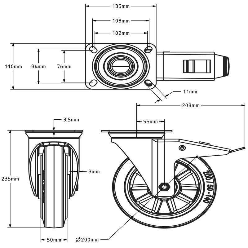 ESD Rubber zwenkwiel met rem 200 mm - kogellager - 400 kg
