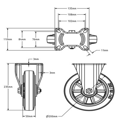 ESD Rubber bokwiel 200 mm - kogellager - 400 kg