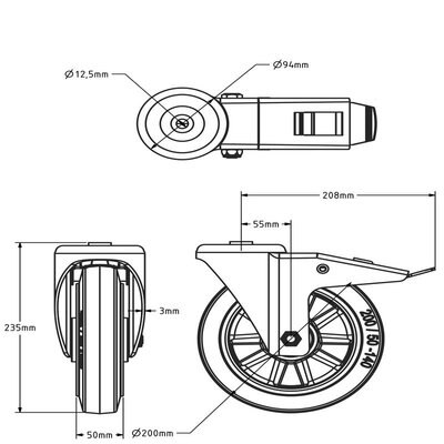 ESD Rubber zwenkwiel met rem 200 mm - kogellager - 400 kg