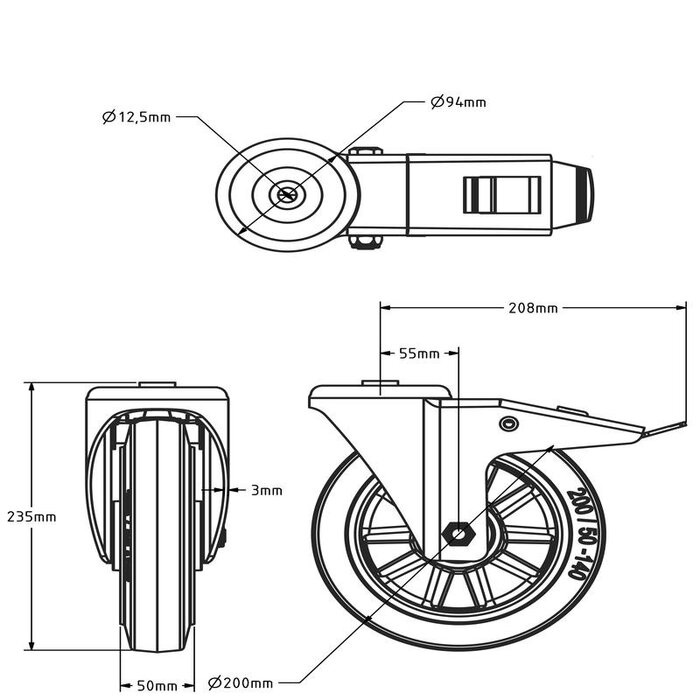 ESD Rubber zwenkwiel met rem 200 mm - kogellager - 400 kg