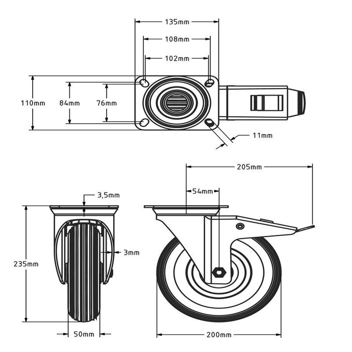 Zwenkwiel met rem 200 mm - luchtband - 75 kg