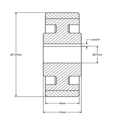 Vulkollan aandrijfwiel 125x40 mm - Boring 25 H7 spiebaan - 450 kg