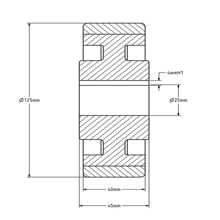 Vulkollan aandrijfwiel 125x40 mm - Boring 25 H7 spiebaan - 450 kg