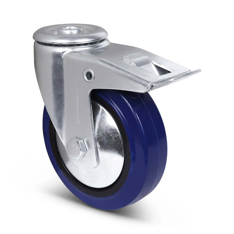 Blauw rubber zwenkwiel met rem 125 mm - 220 kg