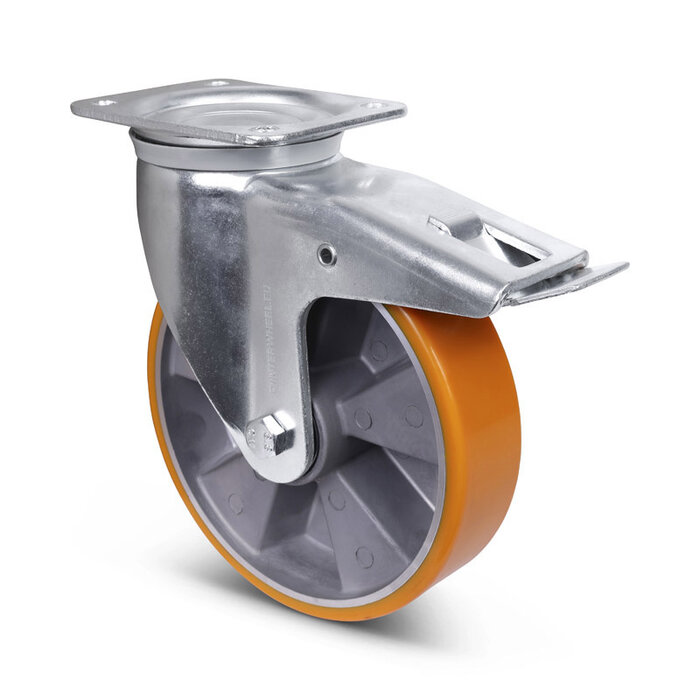 PU zwenkwiel met rem 200 mm - kogellager - 900 kg