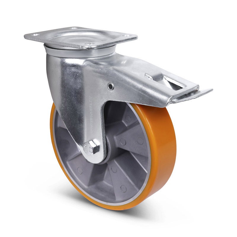 PU zwenkwiel met rem 200 mm - kogellager - 900 kg