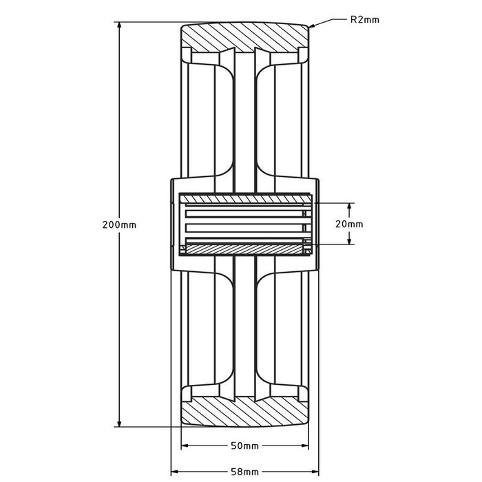 Rvs wiel 200 mm - PU - rollager - 500 kg