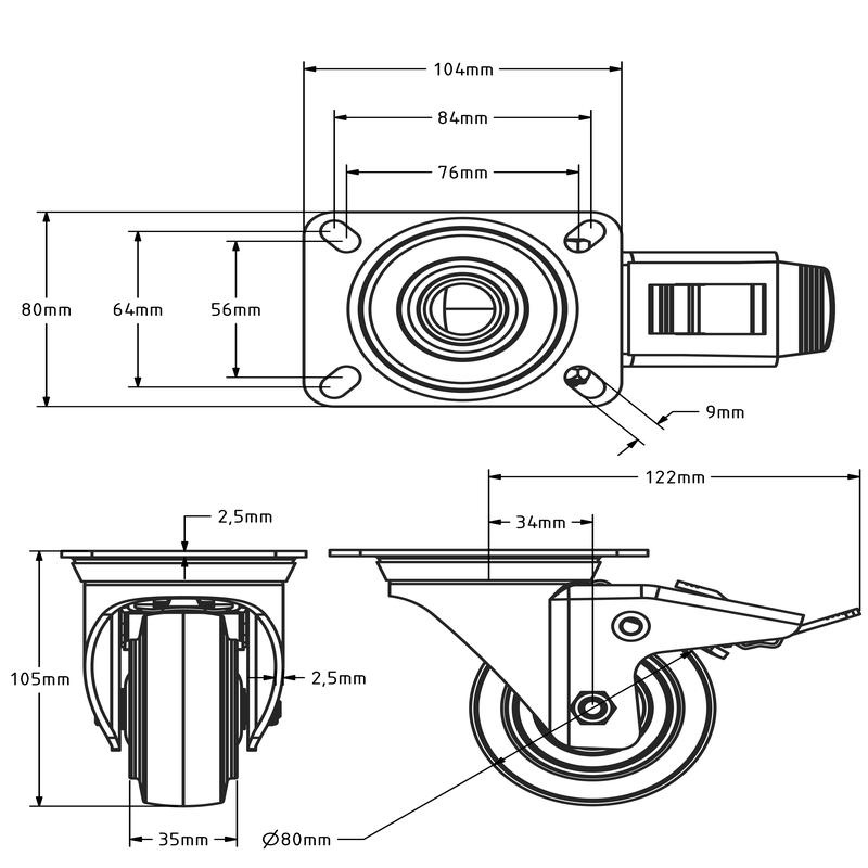 Rubber zwenkwiel met rem 80 mm - kogellager - 110 kg